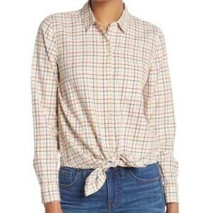 Madewell Size Xl Rainbow Plaid Tie Front Button Down Shirt Cream Fall Top Preppy